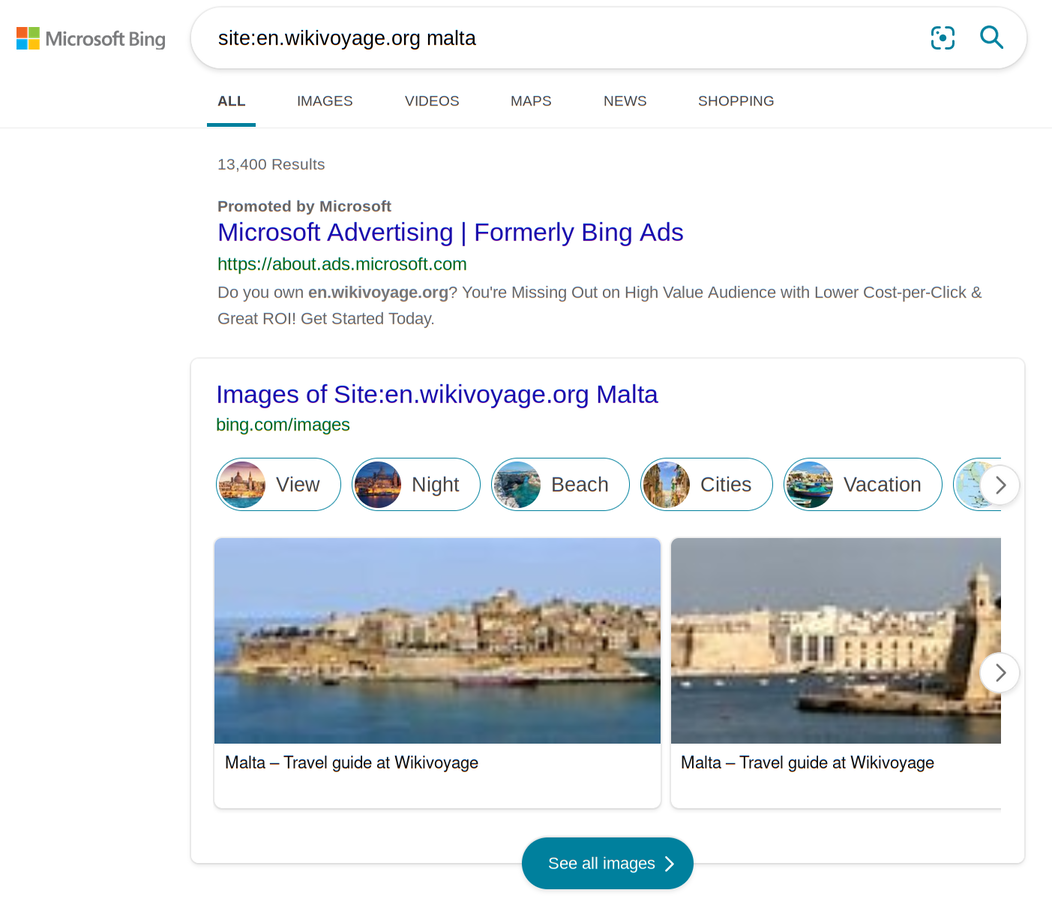 Wikivoyage Malta Bing with site: operator