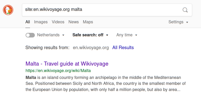 Wikivoyage Malta DuckDuckGo with site: operator